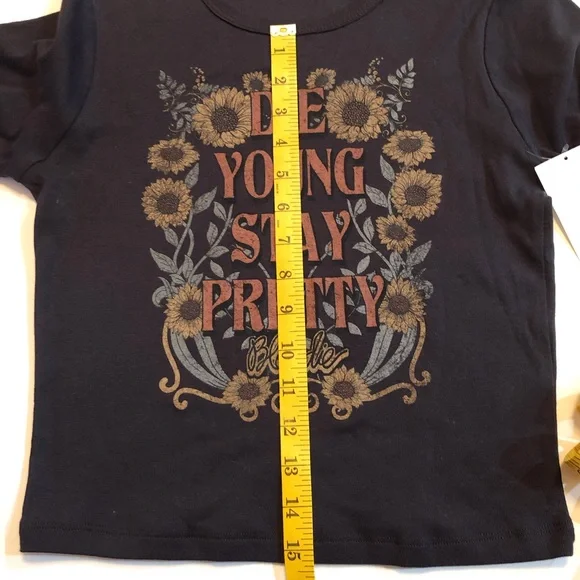 Vinyl Icons  NWOT JR (S & M) black cropped tee - DIE YOUNG STAY PRETTY - Picture 4 of 9